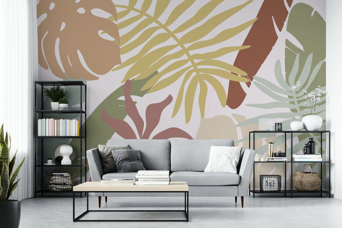 A graceful subtle palm wall mural in warm, earthy tones.

