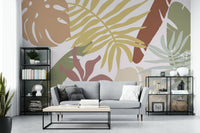 A graceful subtle palm wall mural in warm, earthy tones.

