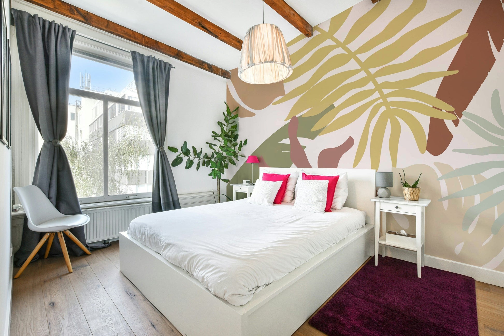 An artistic palms and sand mural on minimalist wallpaper.

