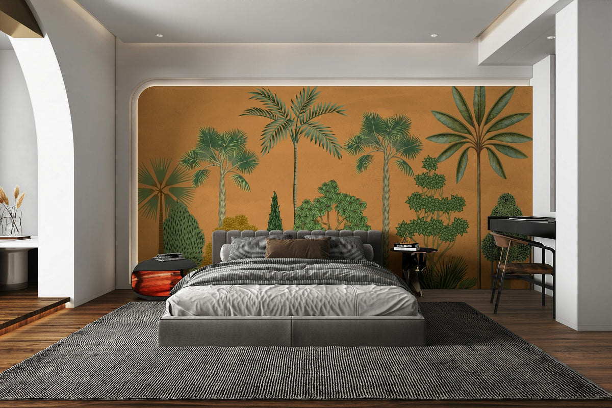 A peaceful wall mural with an organic, botanical design.

