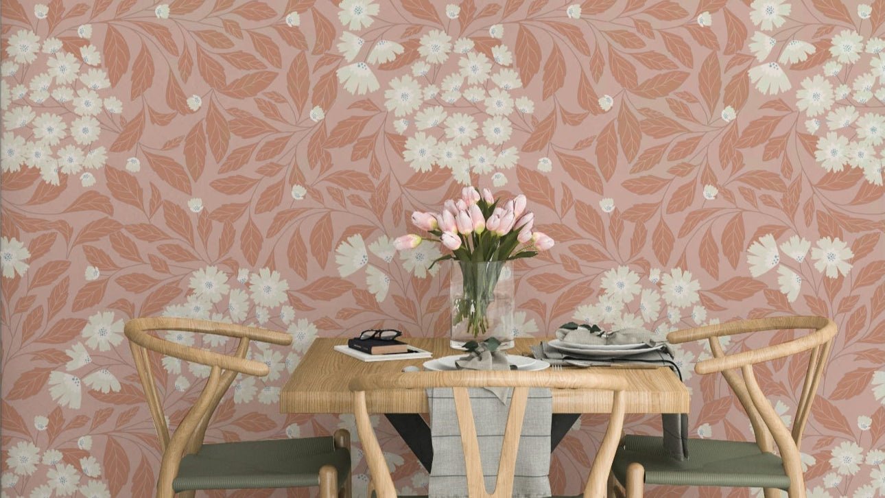 Soft terracotta and beige floral wallpaper in a bright apartment.