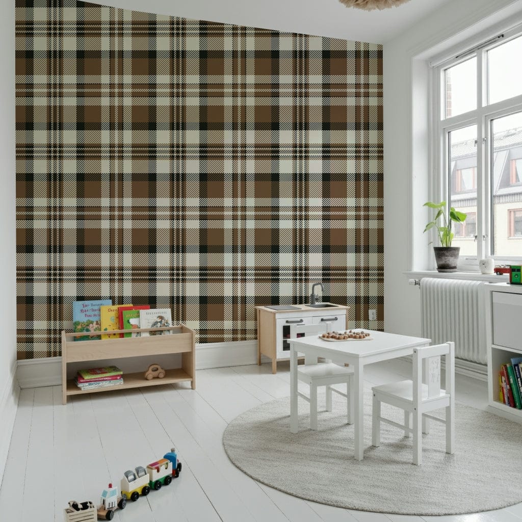 Earthy Plaid wall covering featuring classic tartan patterns in neutral tones.