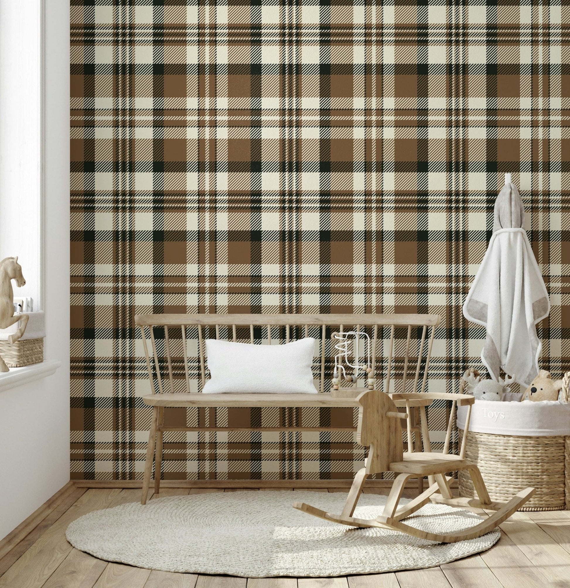 Neutral-toned plaid wallpaper in earthy hues for modern and traditional interiors.
