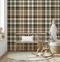 Neutral-toned plaid wallpaper in earthy hues for modern and traditional interiors.