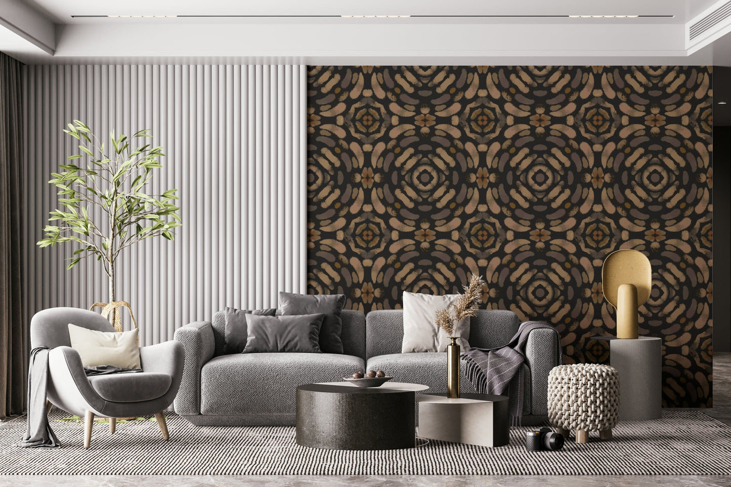 Organic-inspired symmetrical pattern in soft earth tones for a soothing wall mural.