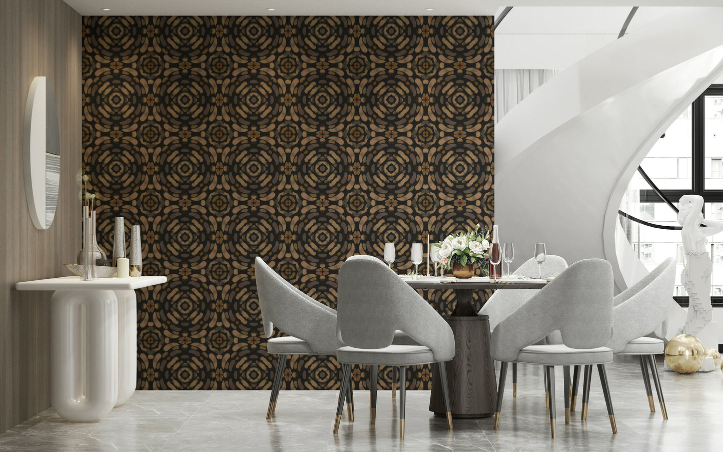 Neutral earth-toned wallpaper showcasing a harmonious symmetrical motif.