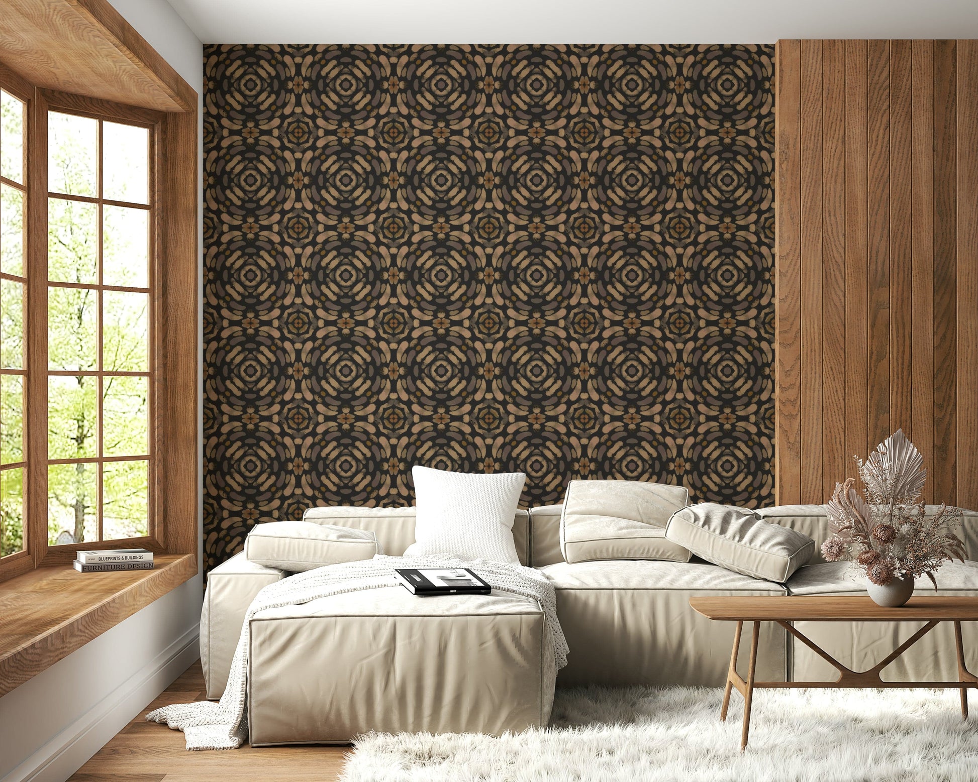 Abstract symmetry design in calming earth tones for a natural, balanced wall look.