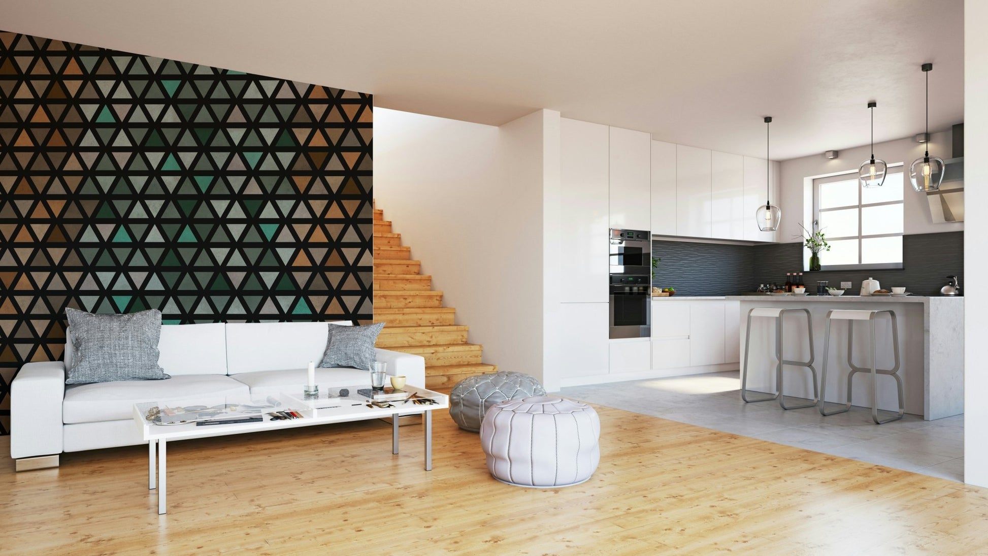 Warm triangle mural in neutral tones for minimalist interiors.

