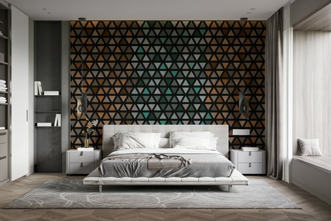 Modern geometric wall mural featuring layered earthy triangles.

