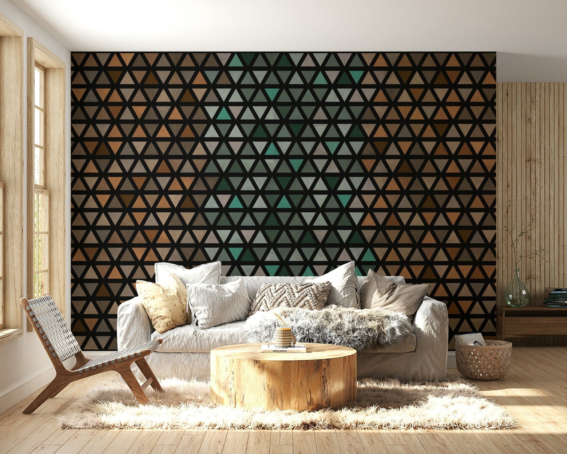 Triangular shapes mural in terracotta, beige, and sand shades.

