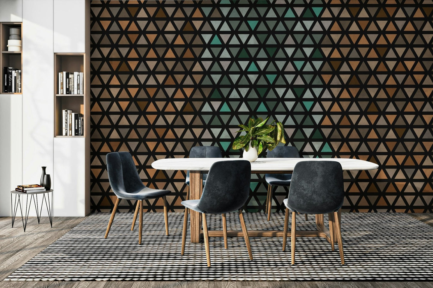 Soft-toned triangle pattern mural with a calm, grounded color palette.

