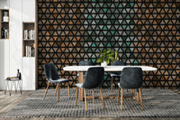 Soft-toned triangle pattern mural with a calm, grounded color palette.

