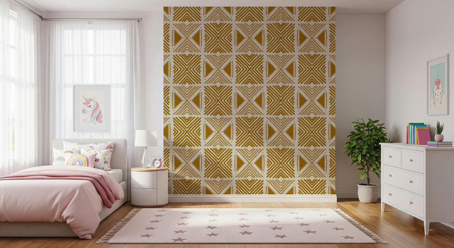 Aesthetic goldenrod wall mural, vintage global Tribal Foliage style.