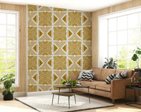 Rustic geometric wallpaper, ochre mustard tones, captivating motif.