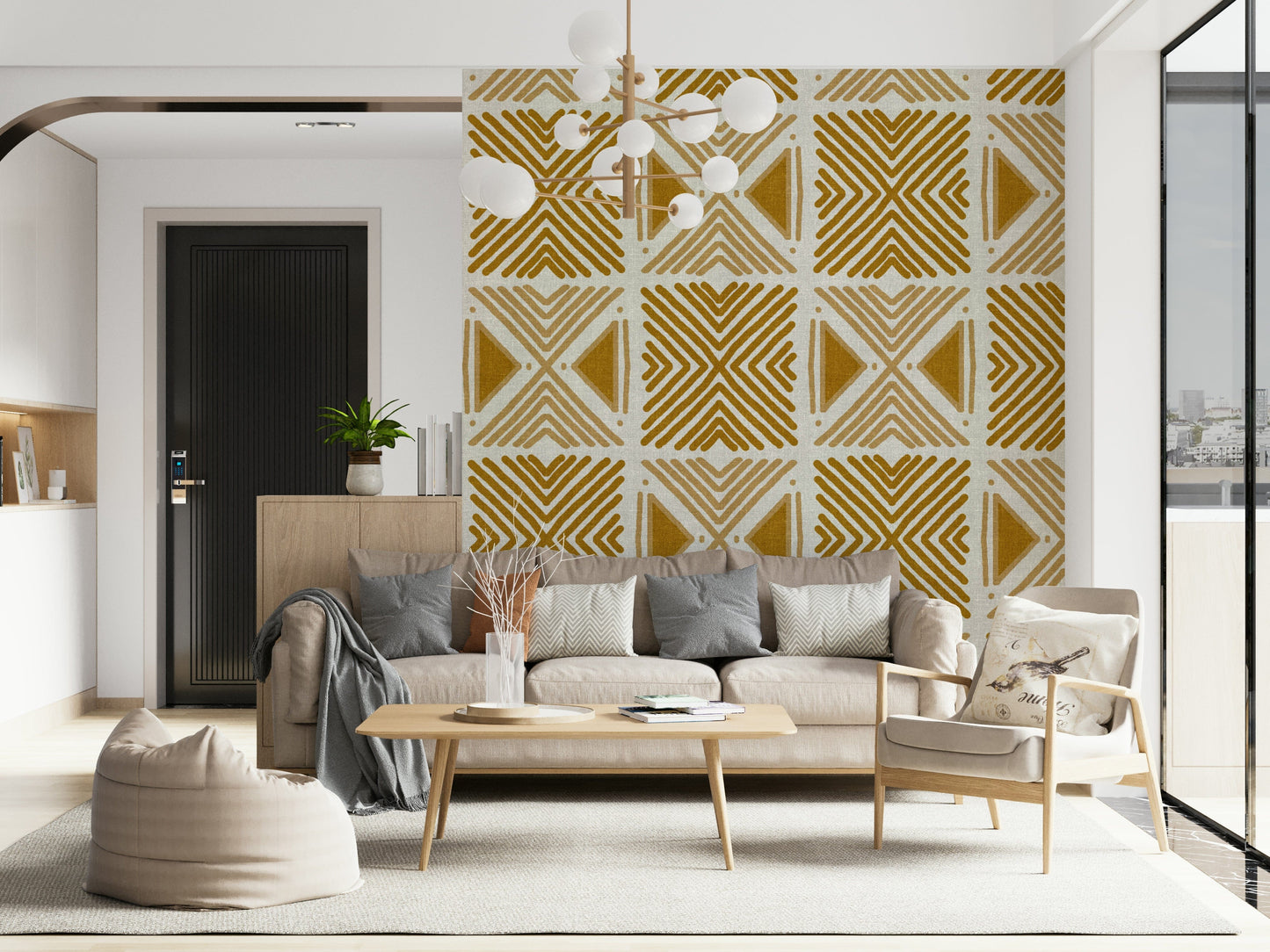 Woven patterned wall mural, natural earthy color palette, vibrant.