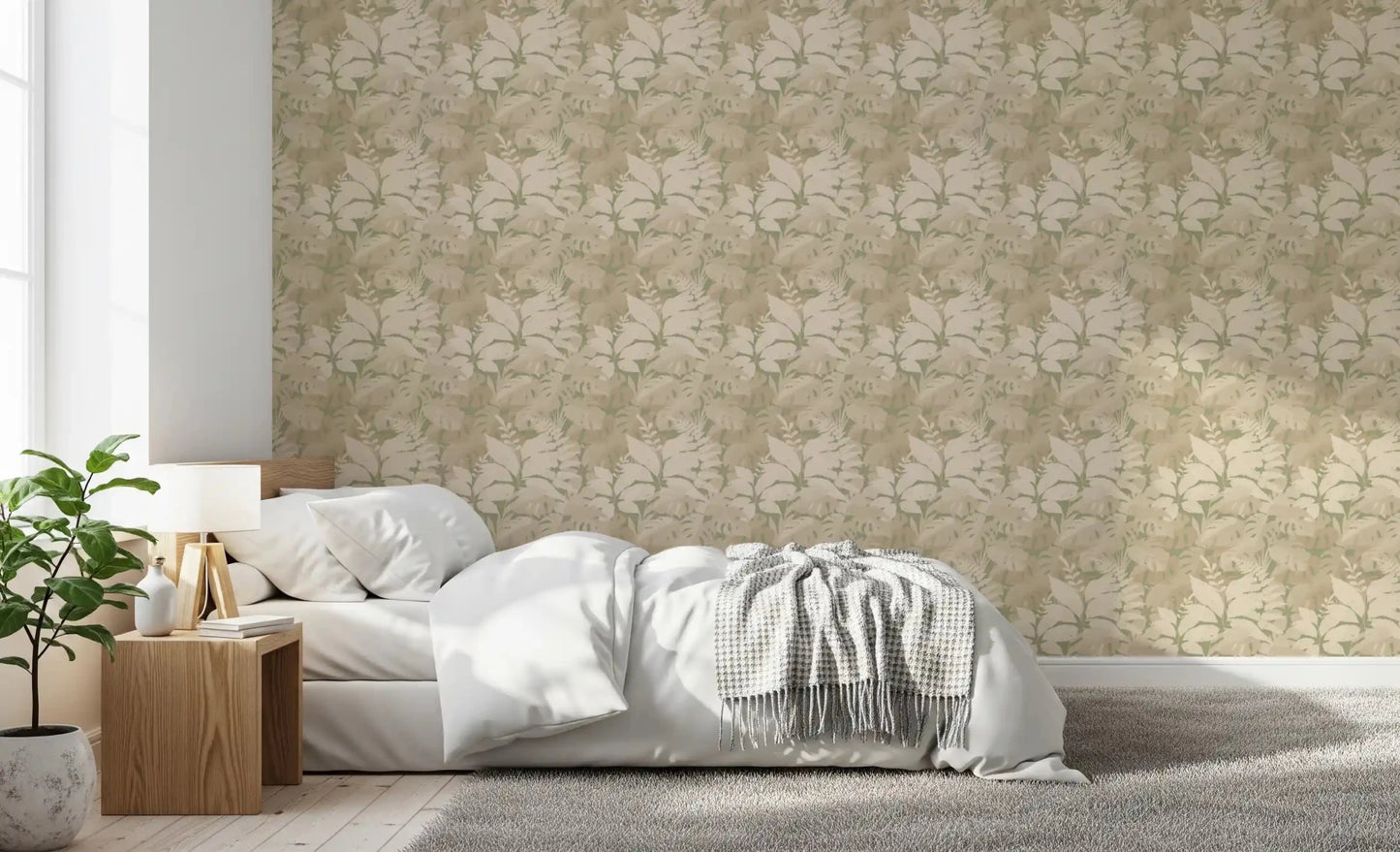 Neutral monstera leaf wallpaper with layered tropical foliage