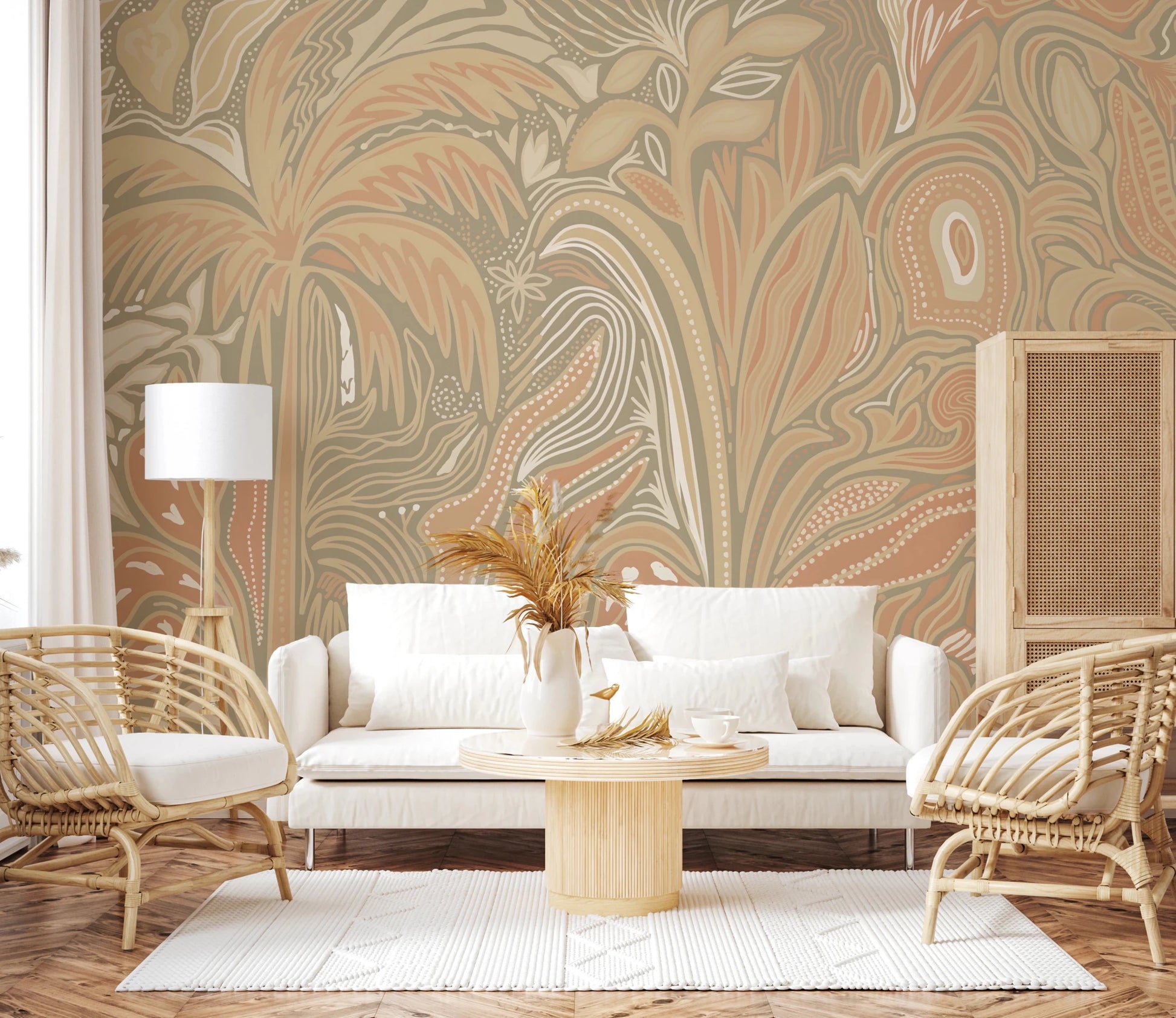 Abstract jungle wall mural showcasing intricate leaf details in earthy hues