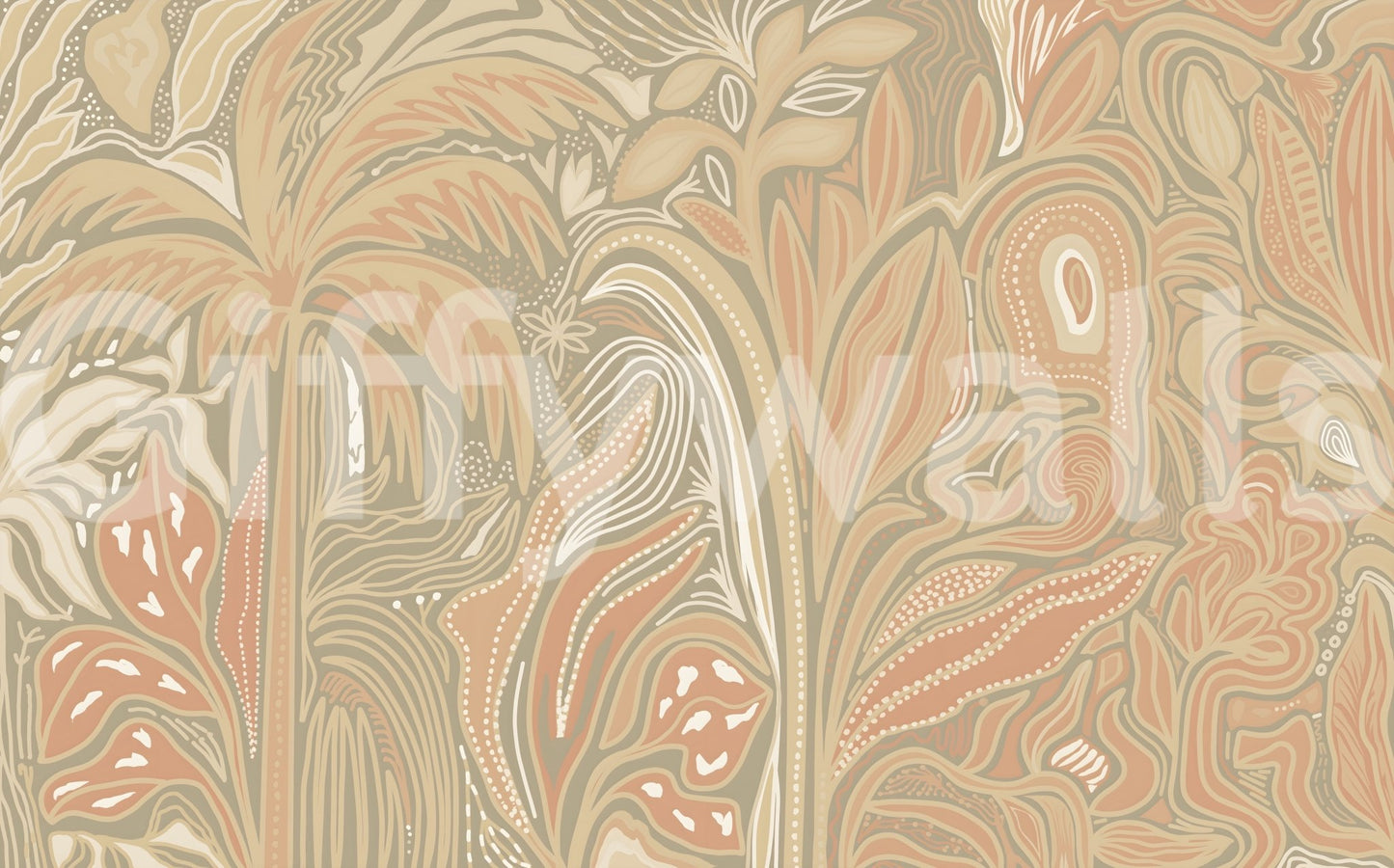 Earthy warm tones jungle rustic abstraction wall mural with layered plant art