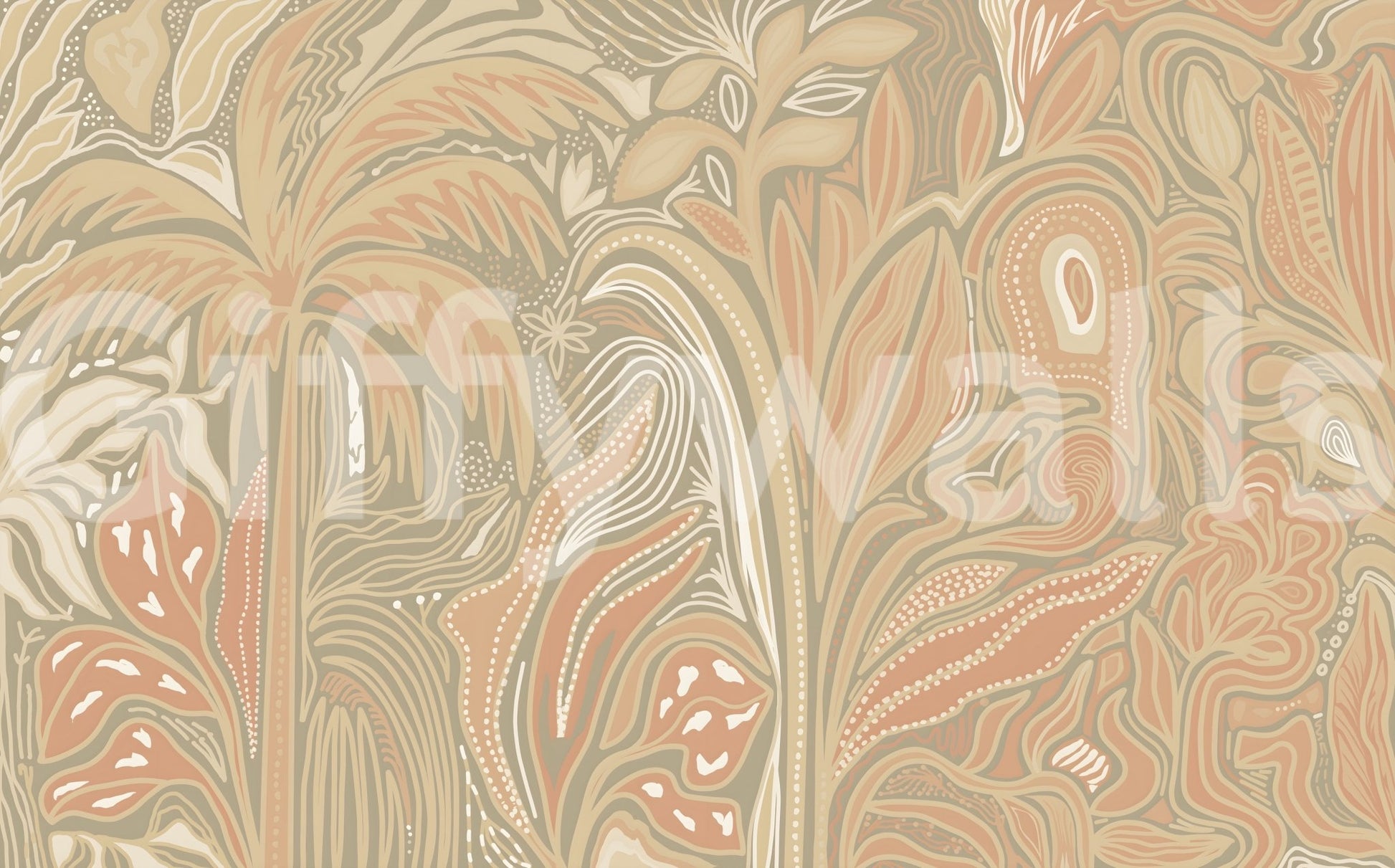 Earthy warm tones jungle rustic abstraction wall mural with layered plant art
