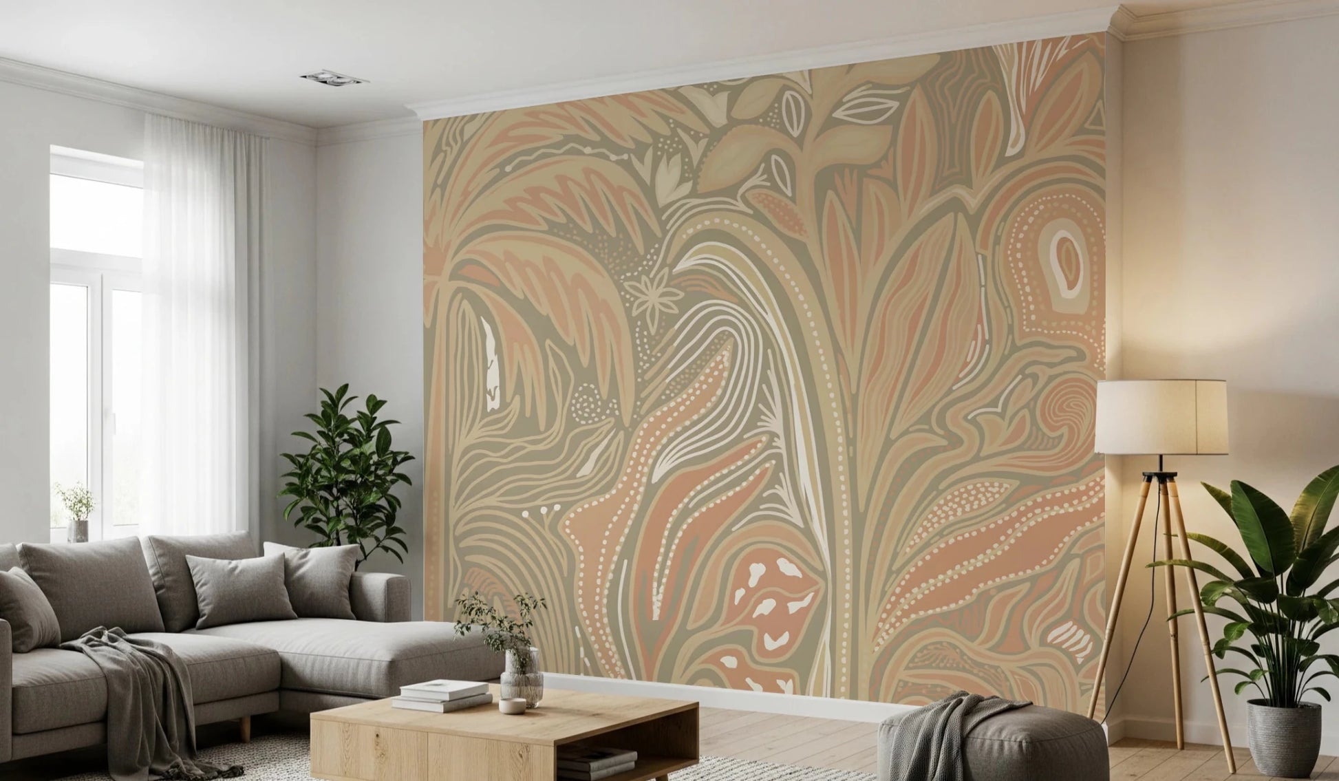 Abstract jungle for living room wall mural featuring organic shapes in soft beige