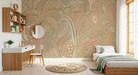 Rustic wall mural featuring stylized jungle flora in subtle warm sand colors