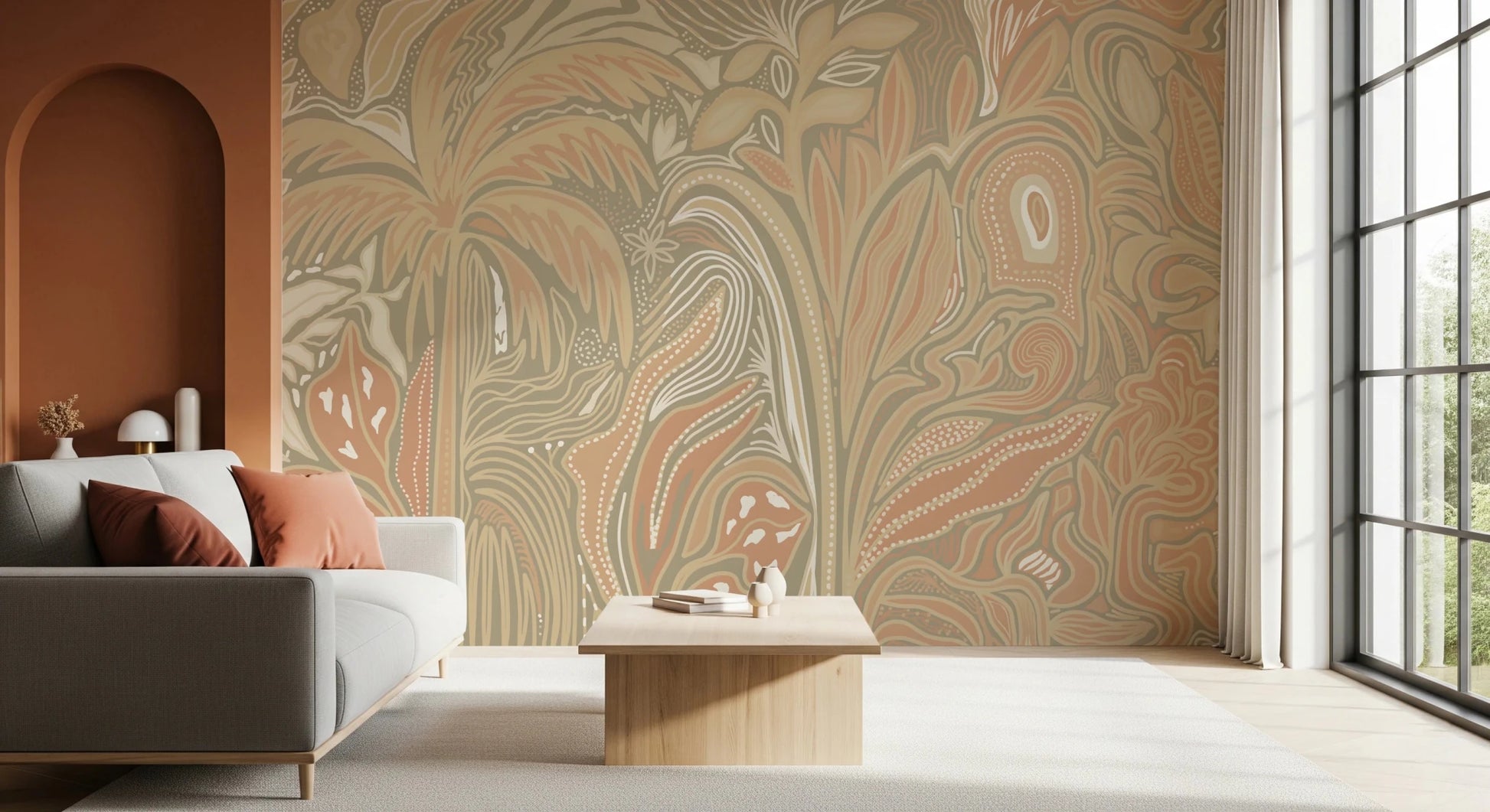 Modern abstract for office wall mural displaying a dense jungle pattern in neutral palette