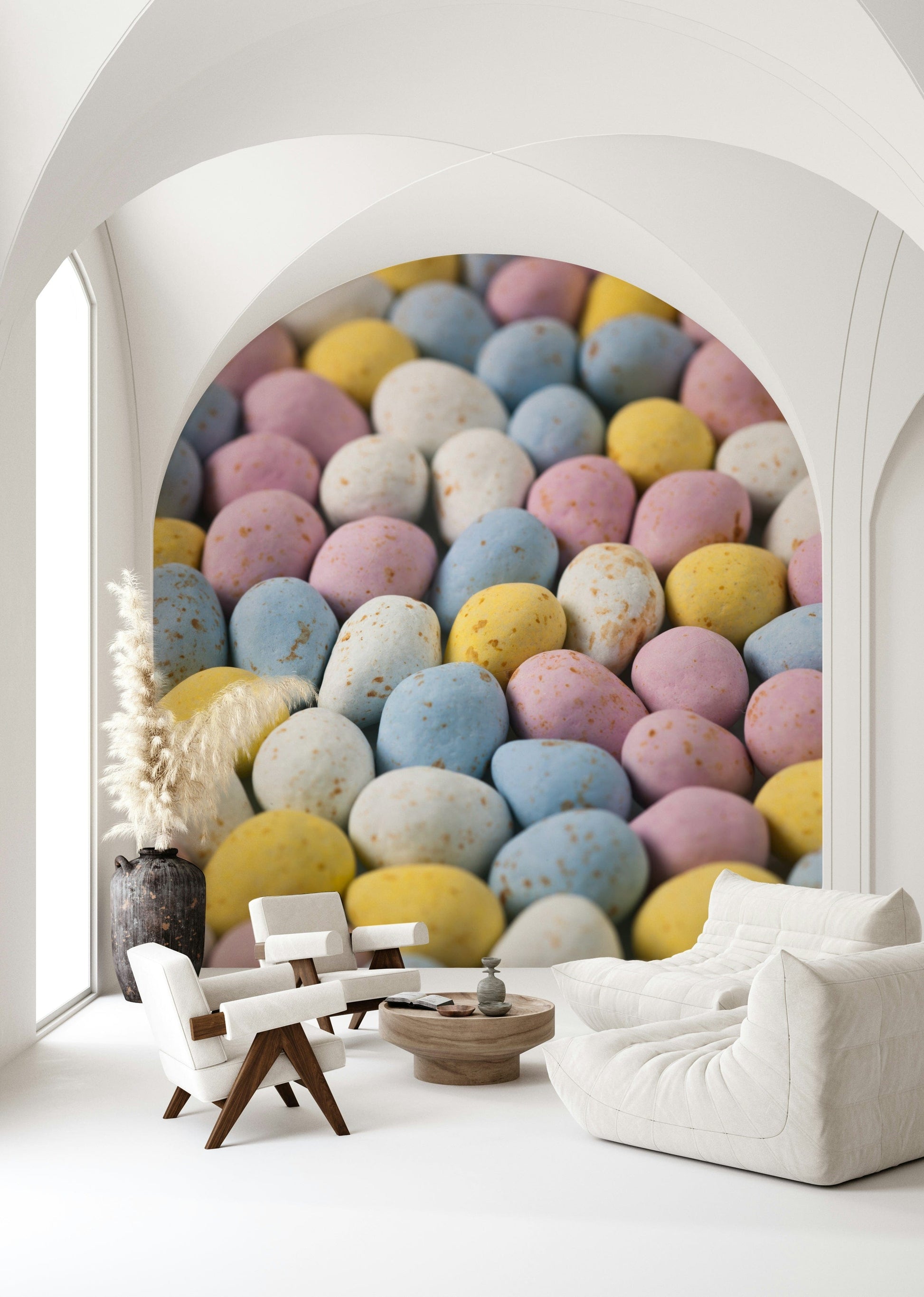 Macro Easter Indulgence mural, scattered confectionery, dotted shell texture.