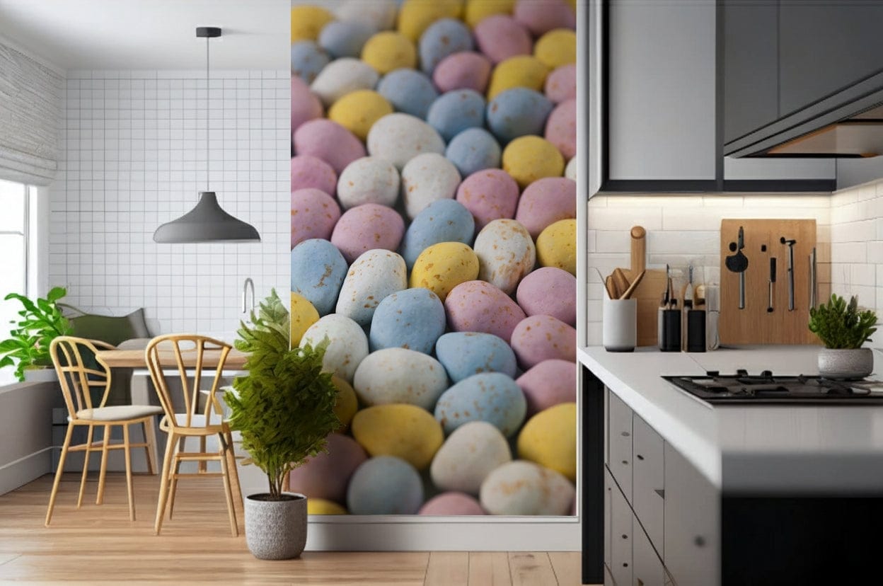 Joyful Easter Indulgence wallpaper, happy colors, decorative eggs, mural.