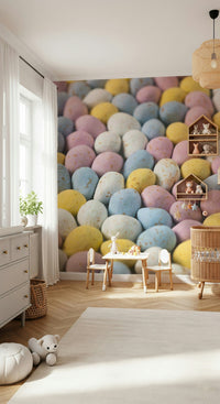 Easter Indulgence, numerous pastel eggs, textured candy, wall covering.