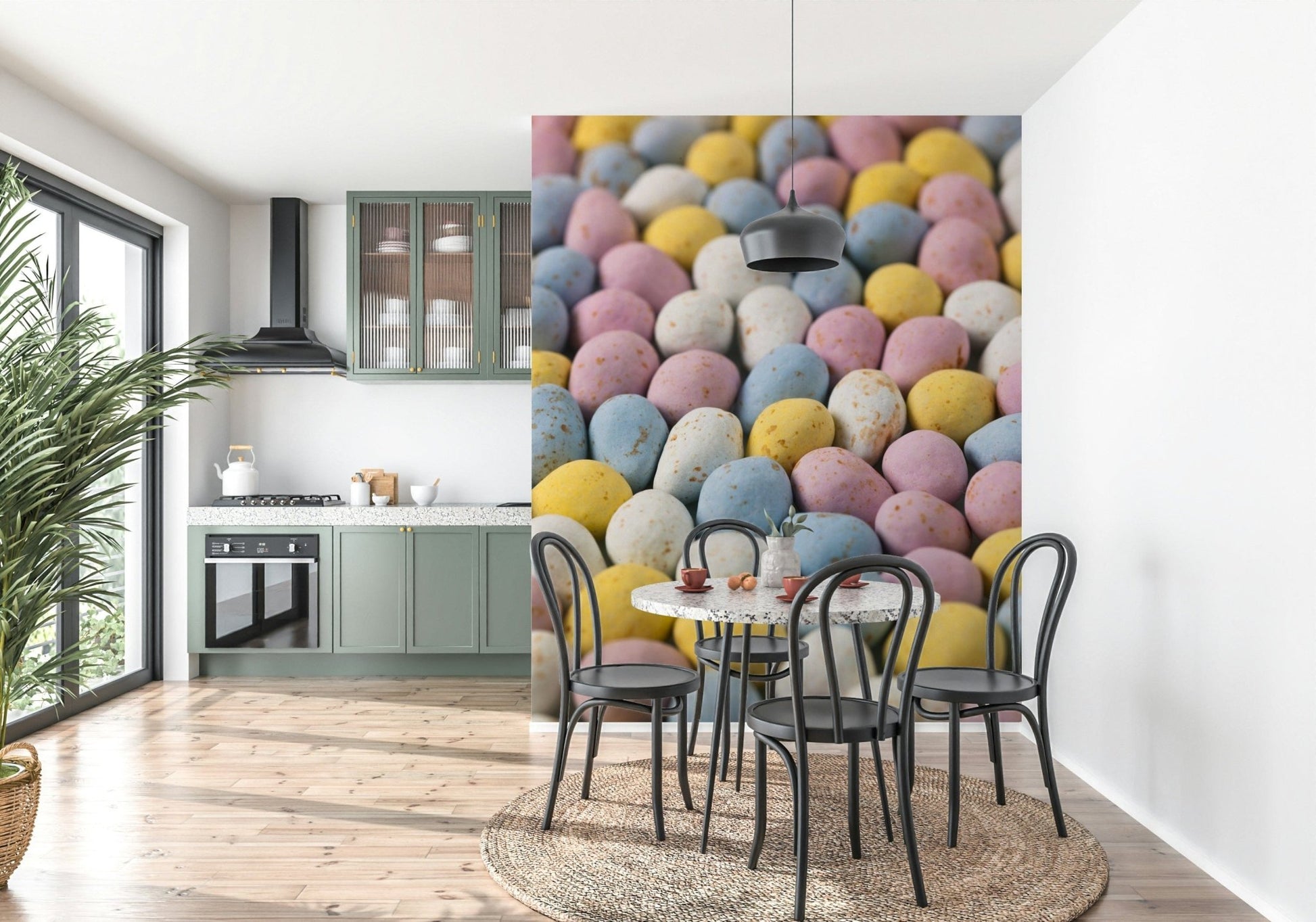 Festive candy wall mural with pastel eggs