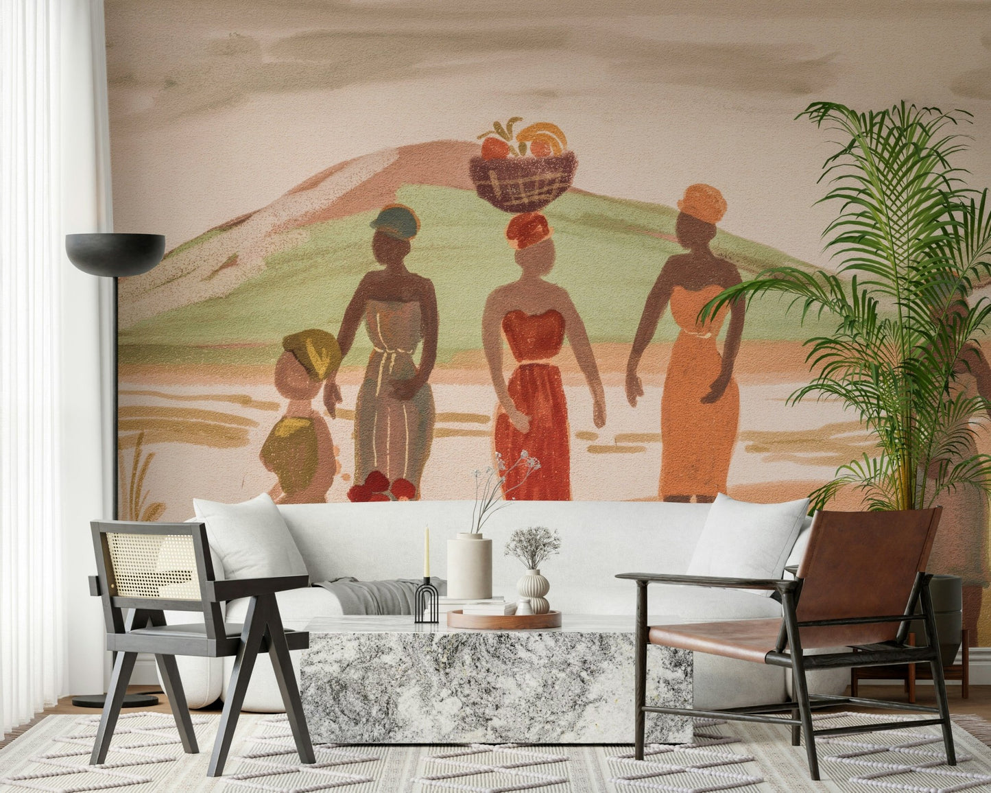 African-inspired wallpaper with women in traditional dress holding fruits and grains.