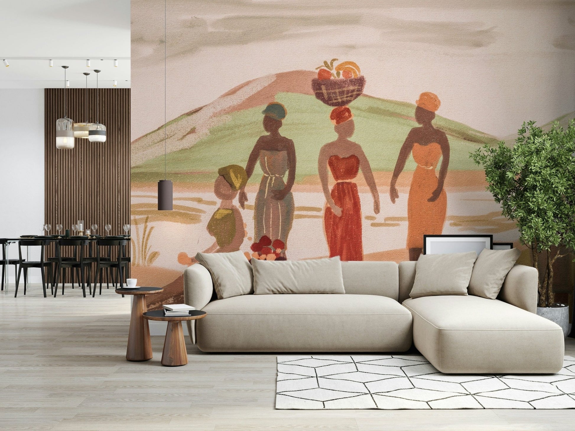 Echoes of the Motherland Wall Mural — elegant African women celebrating abundance and joy.