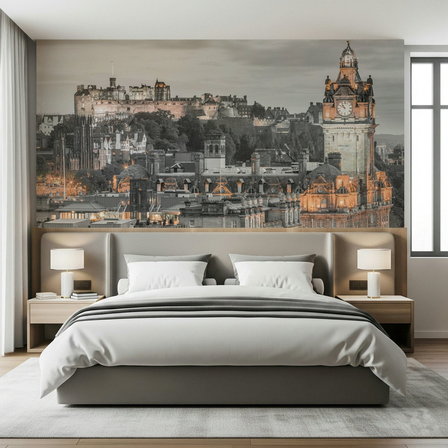 Edinburgh Castle skyline mural, old town architecture backdrop.