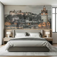 Edinburgh Castle skyline mural, old town architecture backdrop.