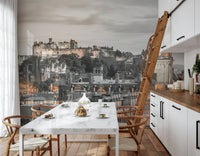Scottish landmark Edinburgh Castle wallcovering, dramatic lighting.