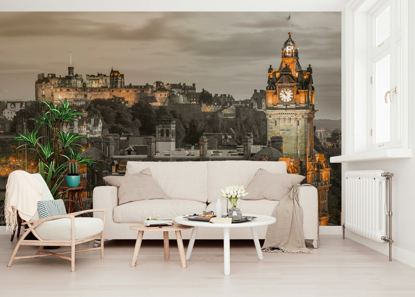 Old town Edinburgh Twilight panorama, golden hour historical structures mural.