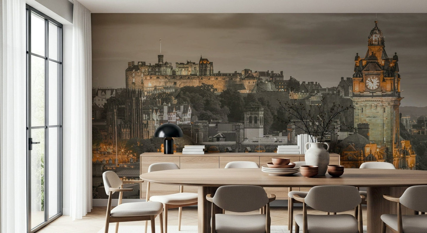 Edinburgh Twilight castle view wall mural, iconic Scottish city scene.