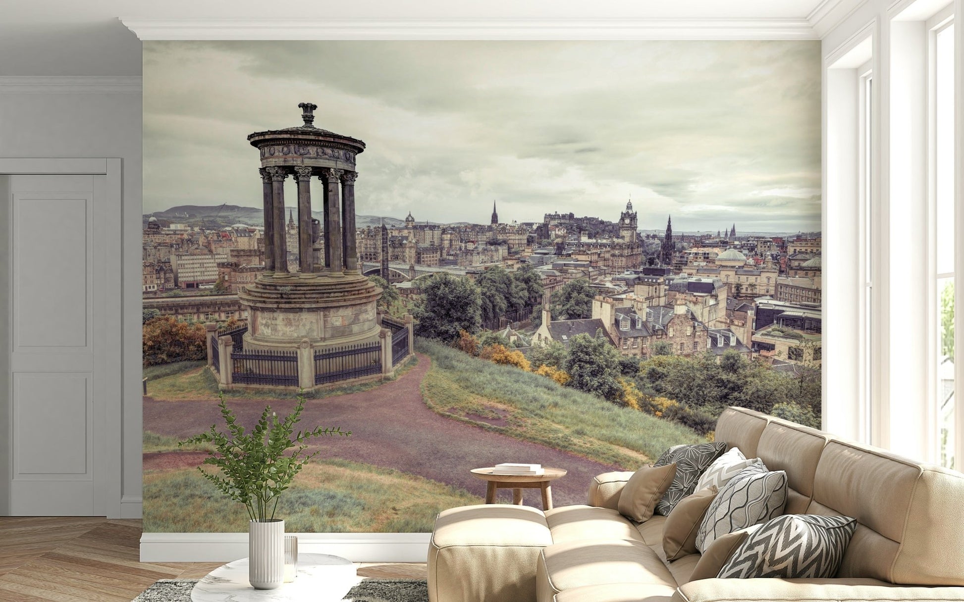 Vintage Scottish capital wallpaper featuring Calton Hill scenery.