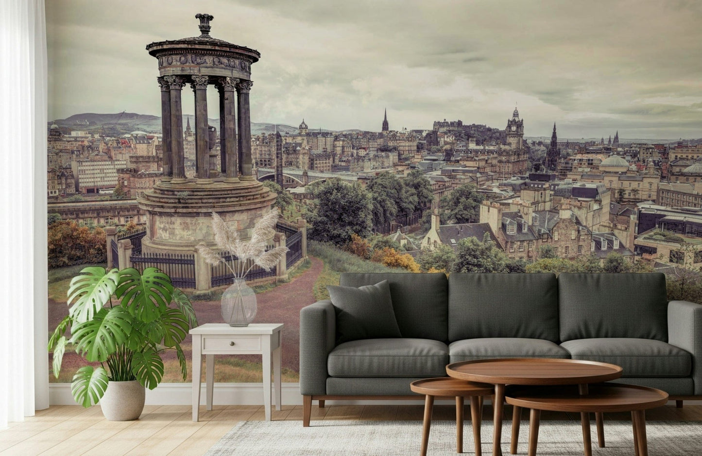 Edinburgh panorama wall mural, beautiful monument guarding city roofs.