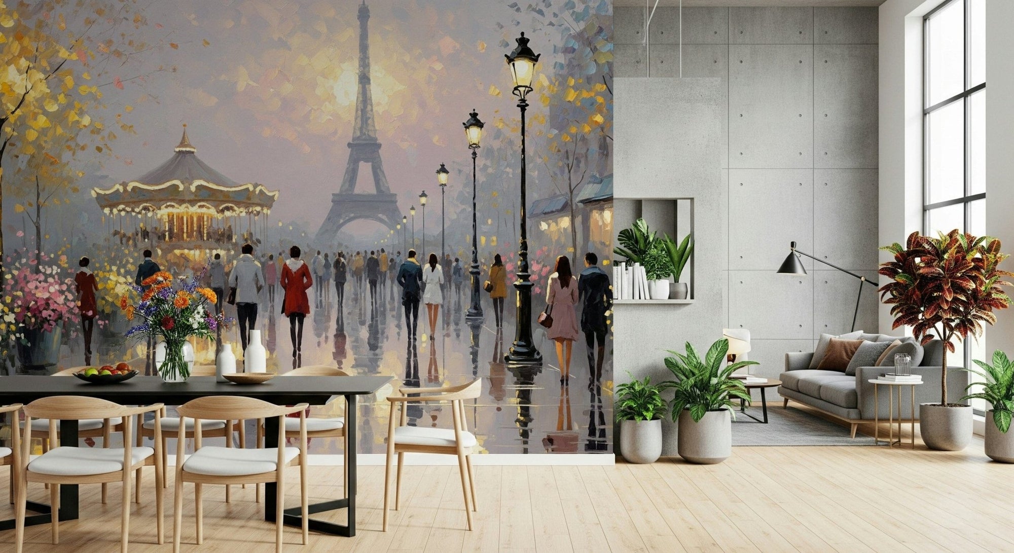 Eiffel Dreamscape wall mural of an impressionist Paris street and carousel behind a black dining table with wood chairs