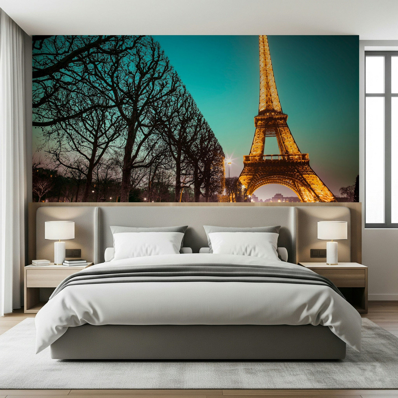 Twinkling Tower Wallpaper Eiffel landmark at twilight with manicured trees mural.