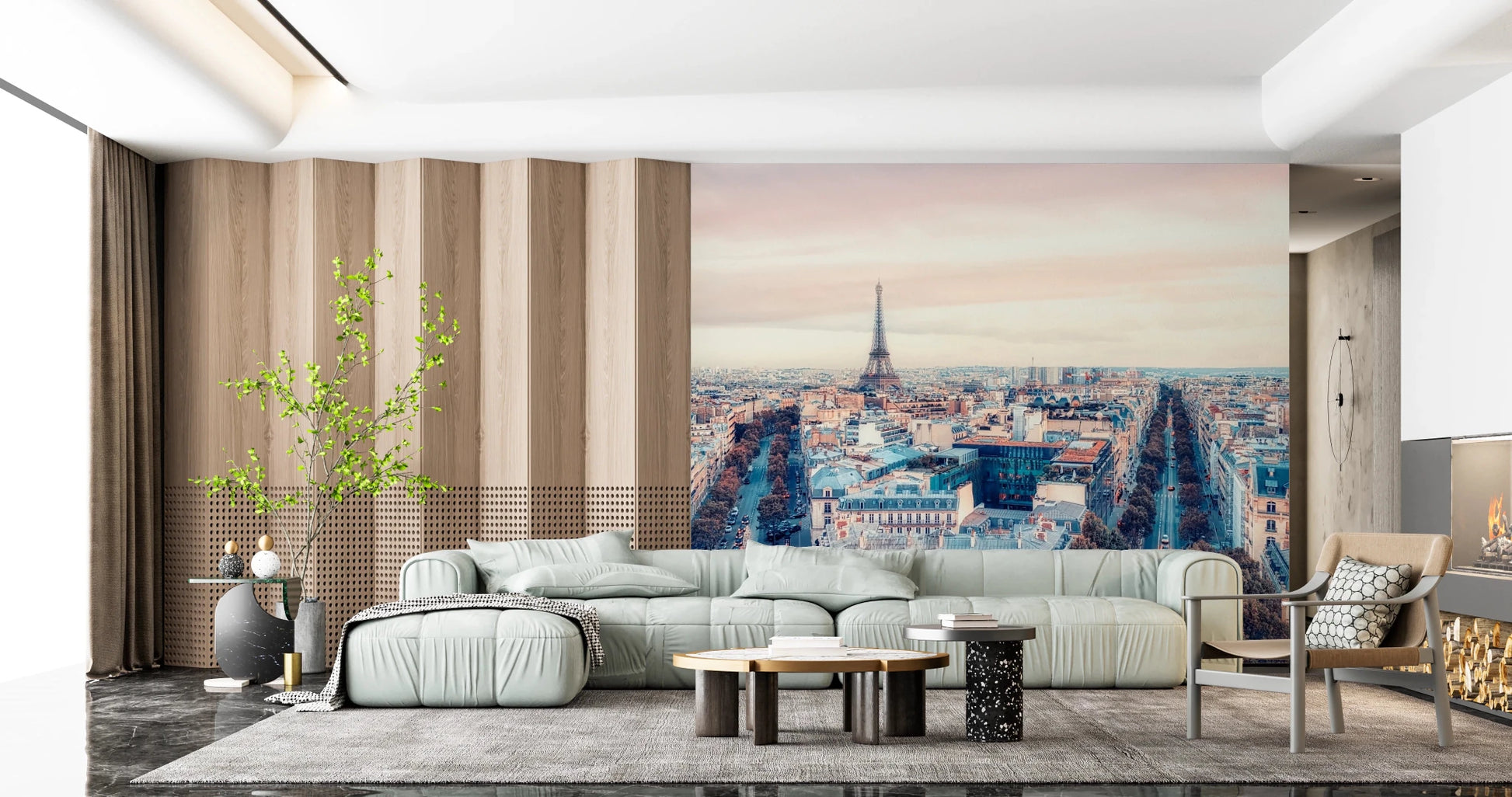 Eiffel Tower View wallpaper mural of the Paris rooftops beside a sage sectional sofa and wood slat wall in a living room