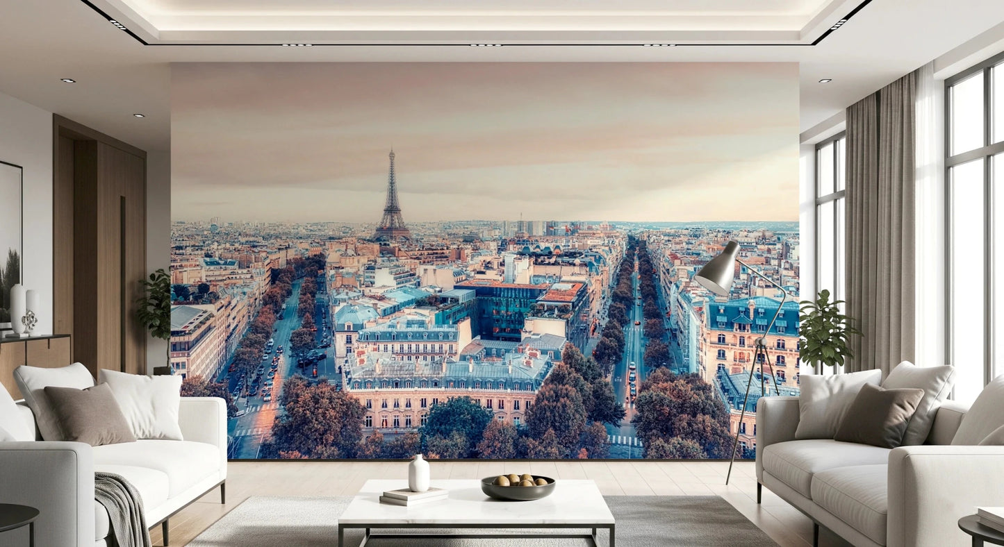 Eiffel Tower View wallpaper mural of the wide Paris skyline between two facing cream sofas in a bright living room
