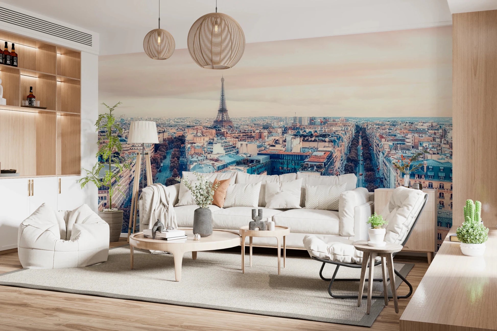 Eiffel Tower View wallpaper mural showing the tower and Paris rooftops behind a white sofa and tripod lamp in a living room