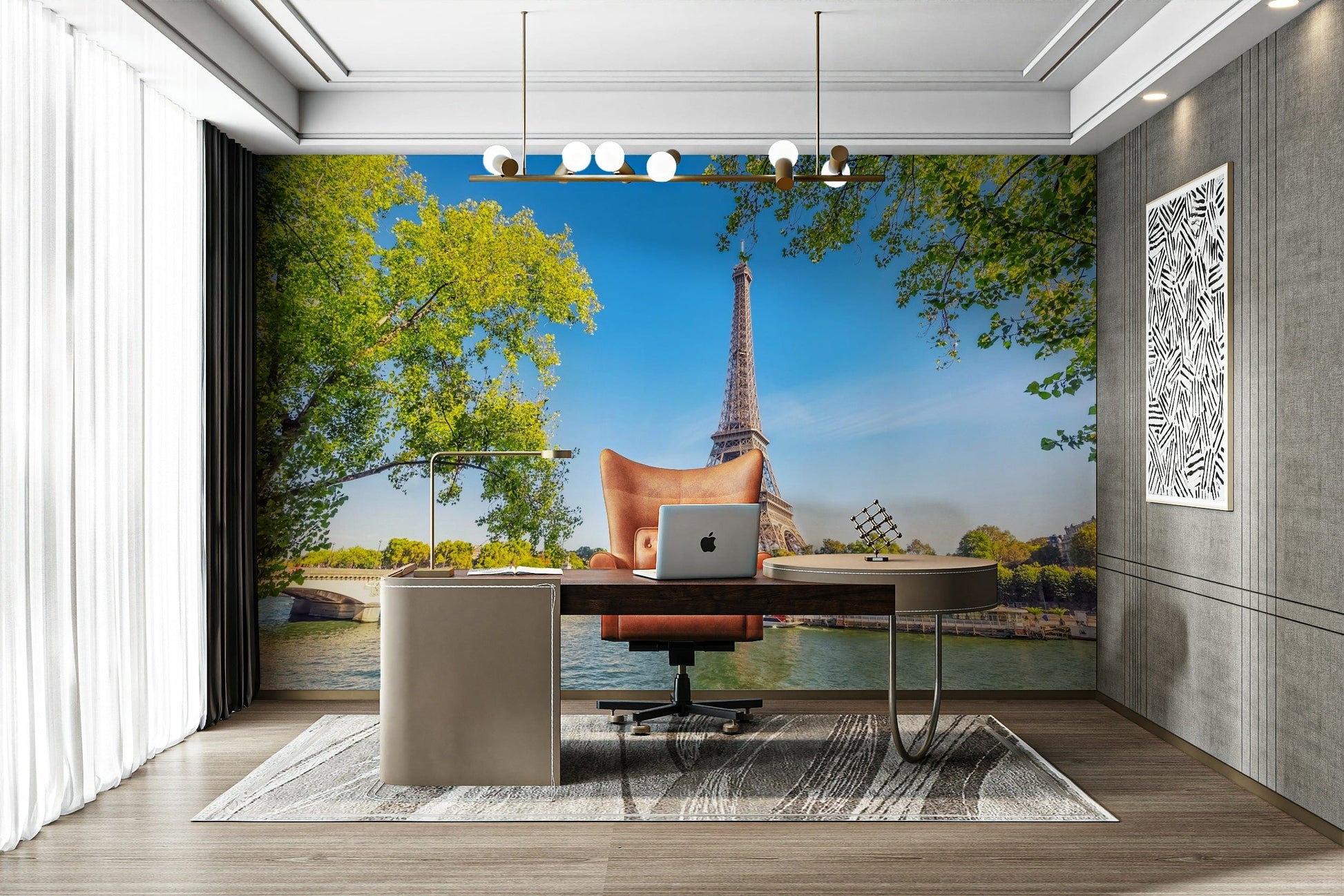 A beautiful modern art wall mural of a Parisian building.

