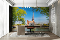 A beautiful modern art wall mural of a Parisian building.

