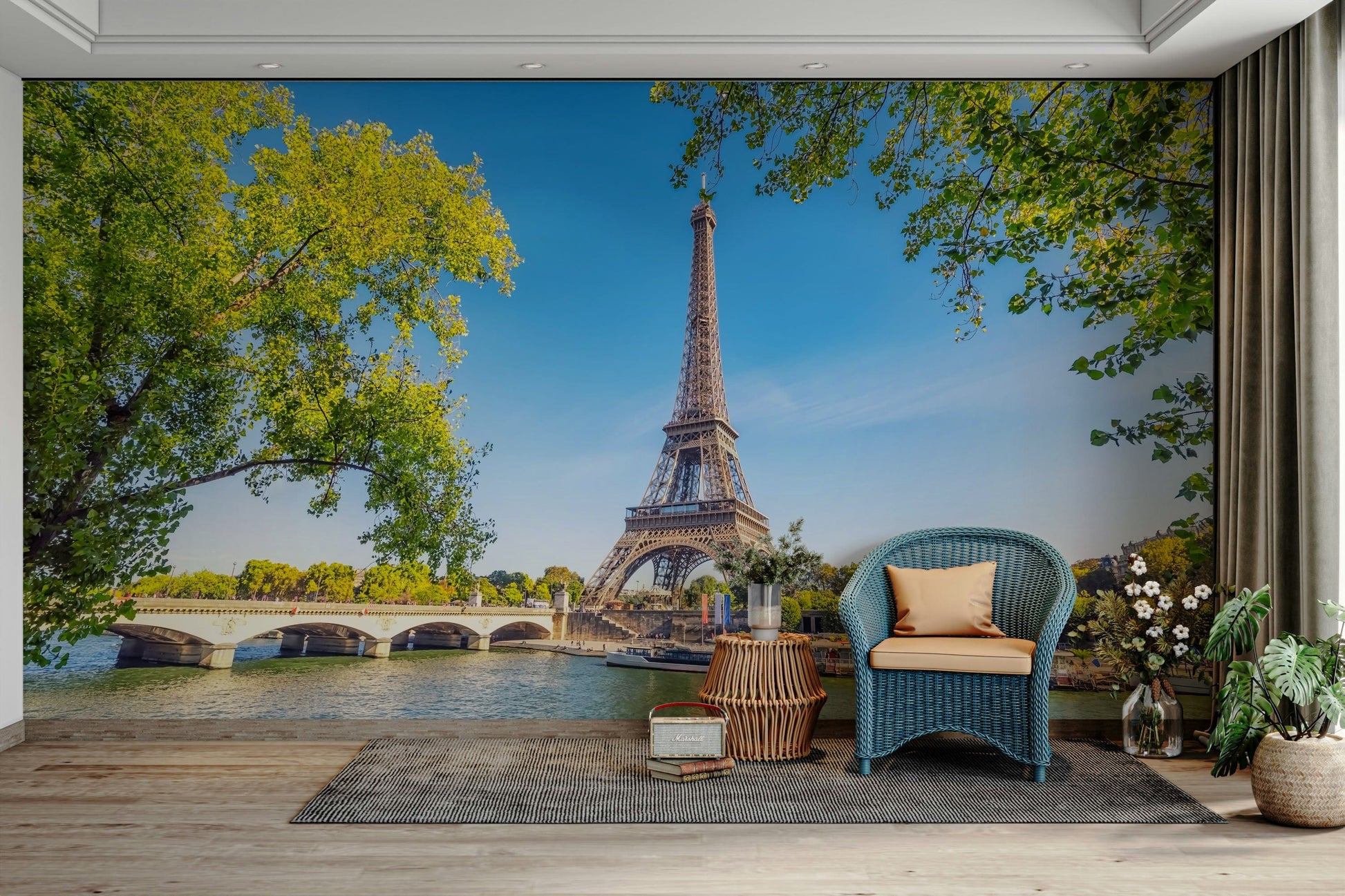 A graceful subtle architecture wall mural in cool, natural tones.

