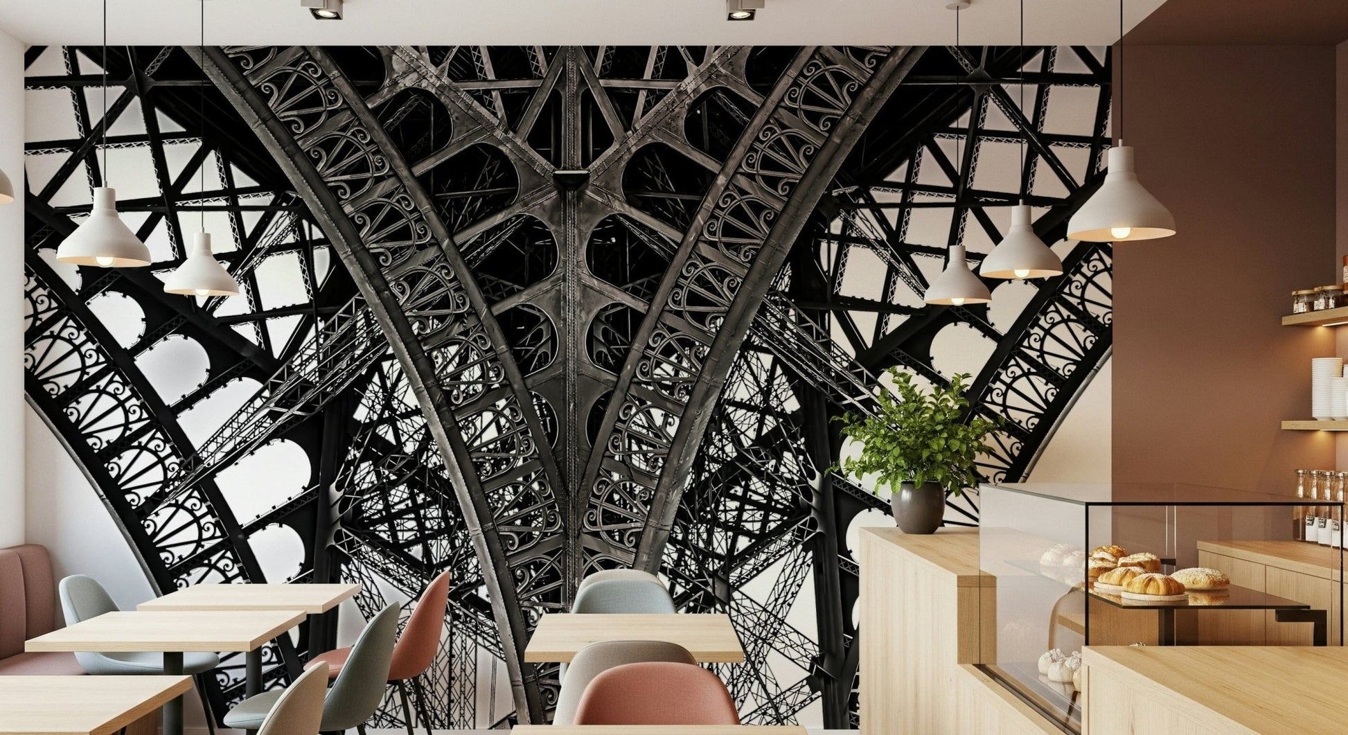 Home office with Eiffel wall mural, clean modern look, city skyline backdrop in gray tones