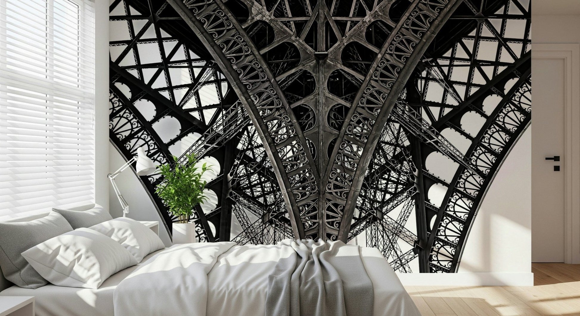 Minimal hallway with Eiffel Tower mural, black and white city lines, sleek feature wall