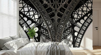 Minimal hallway with Eiffel Tower mural, black and white city lines, sleek feature wall